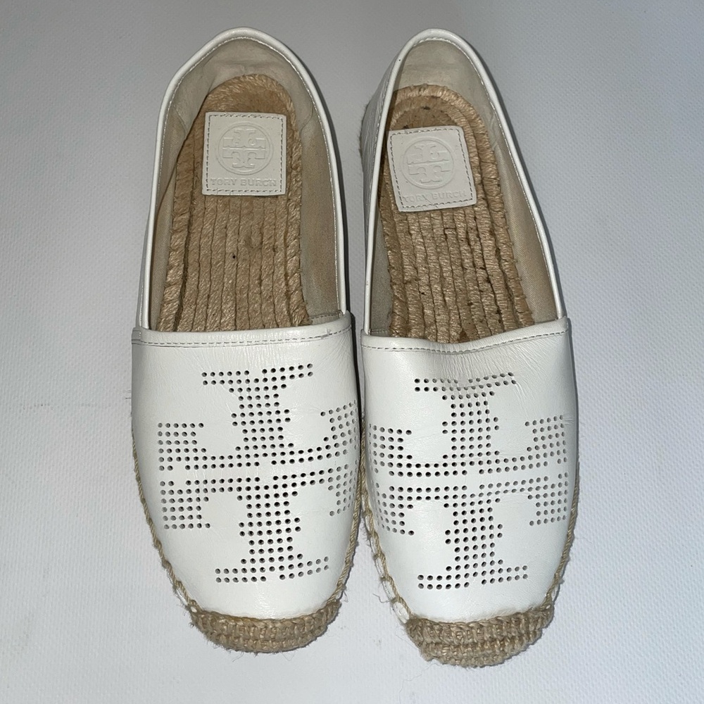 Tory Burch White Perforated Logo Espadrille Flats